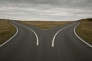 A two-lane road splitting into two directions in a rural landscape under a cloudy sky.