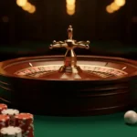 A roulette wheel with chips and a small white ball on a casino table
