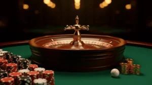 A roulette wheel with chips and a small white ball on a casino table