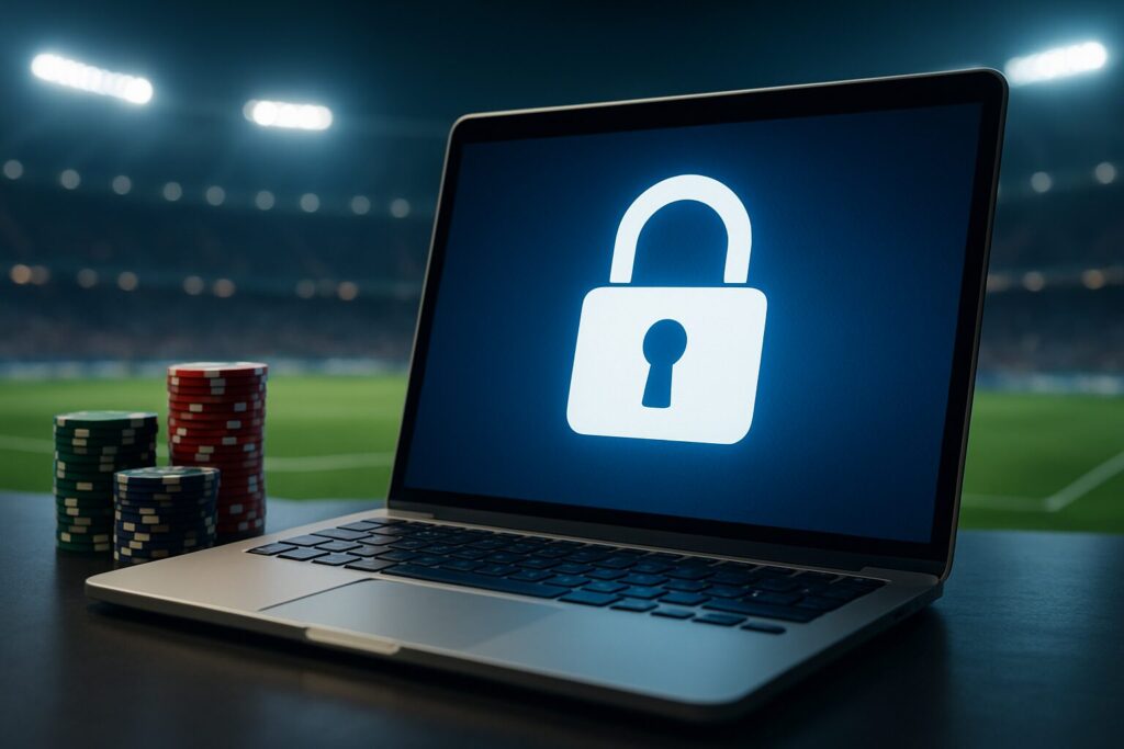 A laptop displaying a lock icon, with stacks of poker chips in the foreground and a blurred soccer field background.