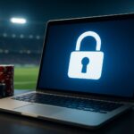 A laptop displaying a lock icon, with stacks of poker chips in the foreground and a blurred soccer field background.